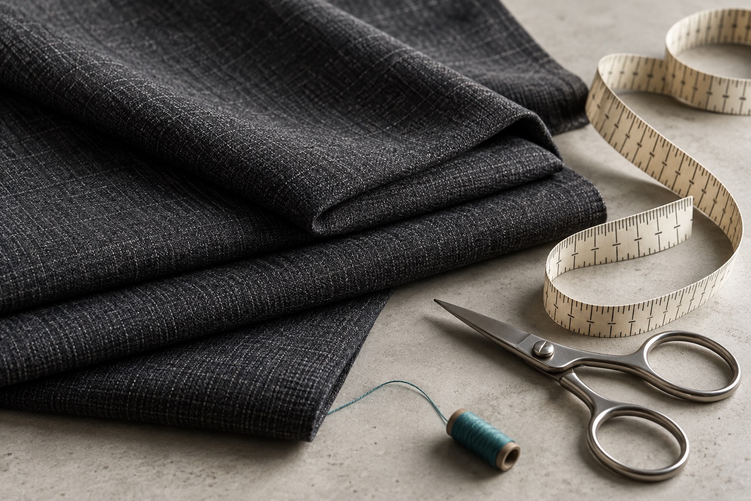 Illustrative tailoring still life: charcoal fabric, measuring tape, scissors and turquoise thread